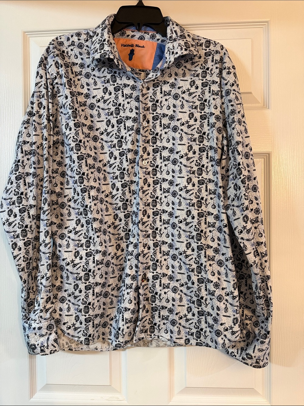Vincenzo Black Men's Casual Button-Down Shirt - White with Black Print